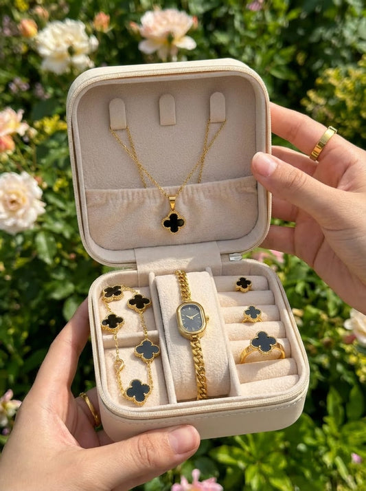 Luxury Black Clover Gold Plated Jewellery Gift Box Set – Necklace, Bracelet, Ring, Earrings & Watch