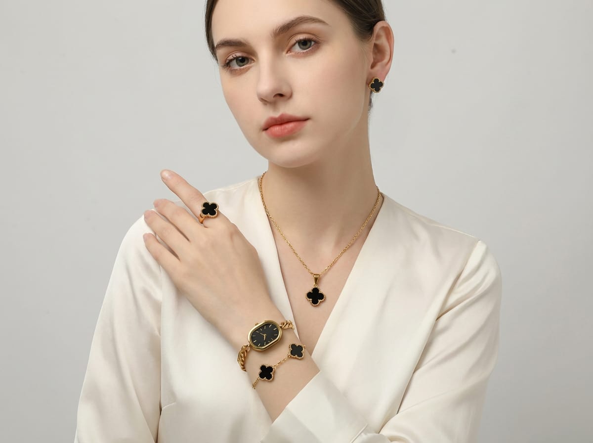 Luxury Black Clover Gold Plated Jewellery Gift Box Set – Necklace, Bracelet, Ring, Earrings & Watch