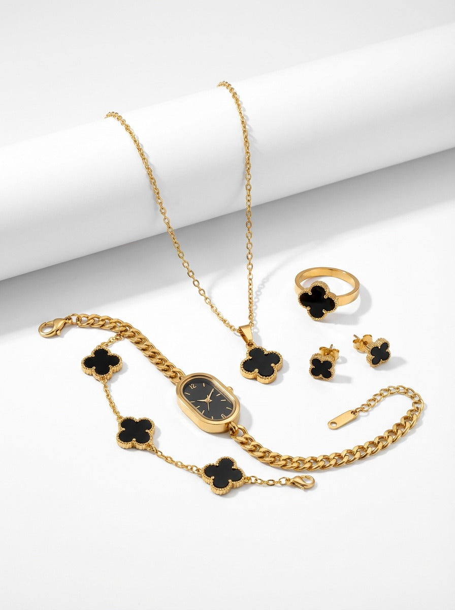 Luxury Black Clover Gold Plated Jewellery Gift Box Set – Necklace, Bracelet, Ring, Earrings & Watch