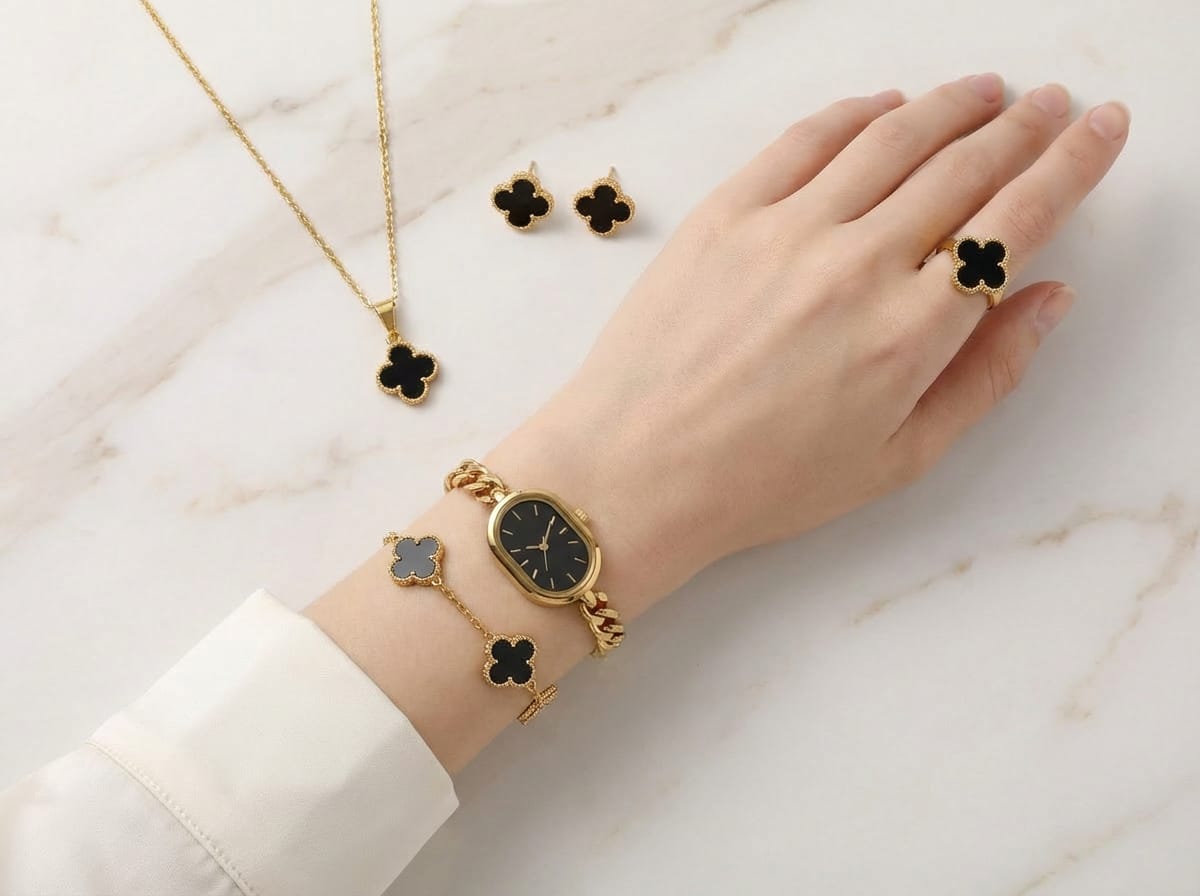 Luxury Black Clover Gold Plated Jewellery Gift Box Set – Necklace, Bracelet, Ring, Earrings & Watch